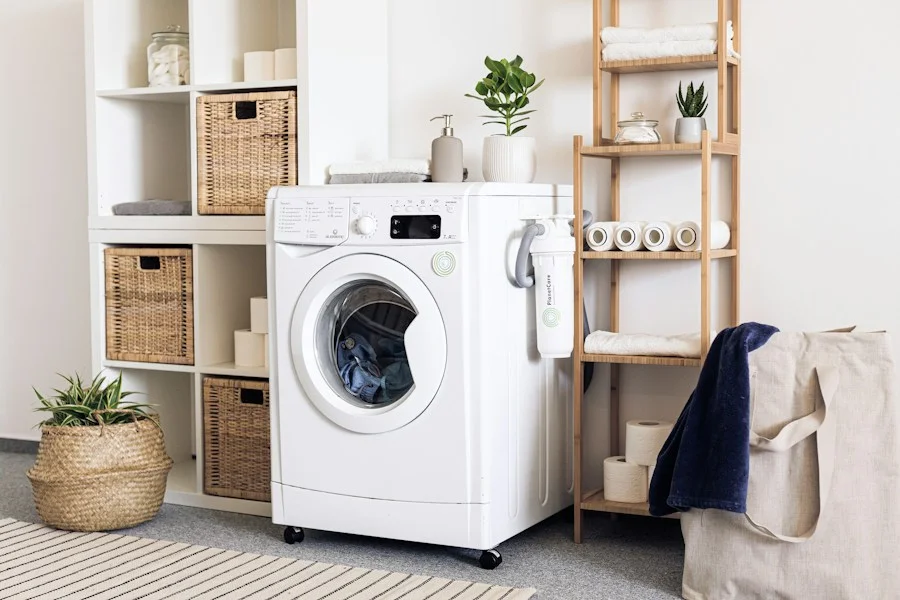 Washing machine in a bright laundry room